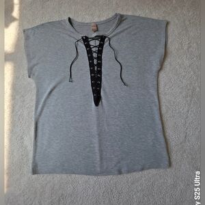 Lani Gray Lace-Up Short Sleeve Top